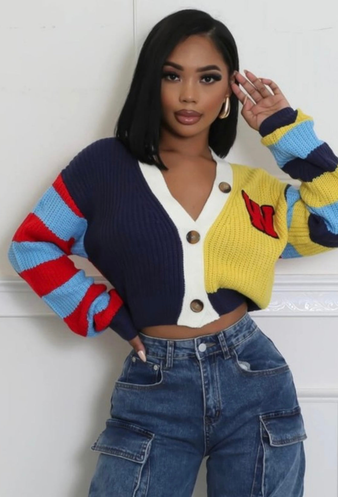 Color Block Crop Sweater Cardigan