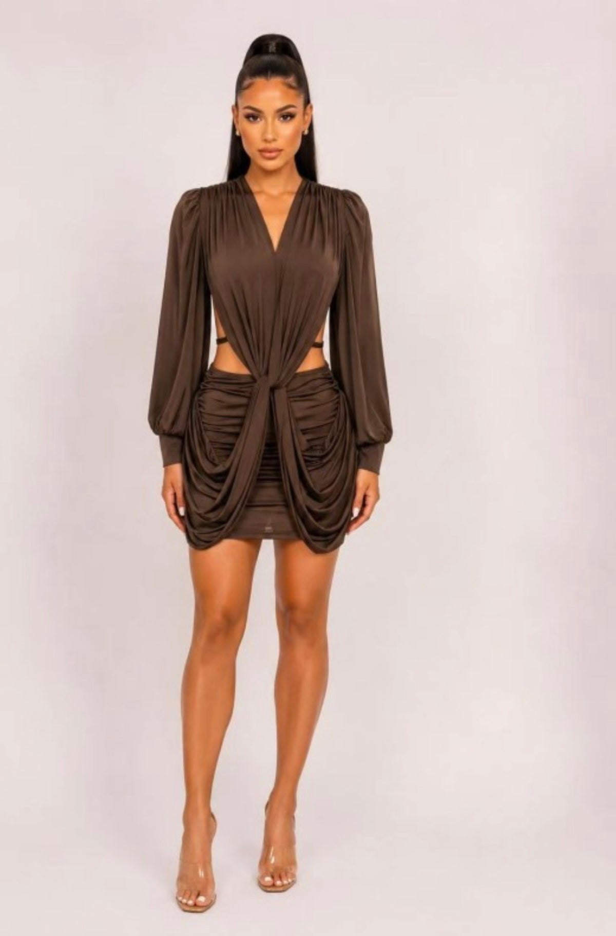 Charm Ruched Side Cutout Party Dress - Brown
