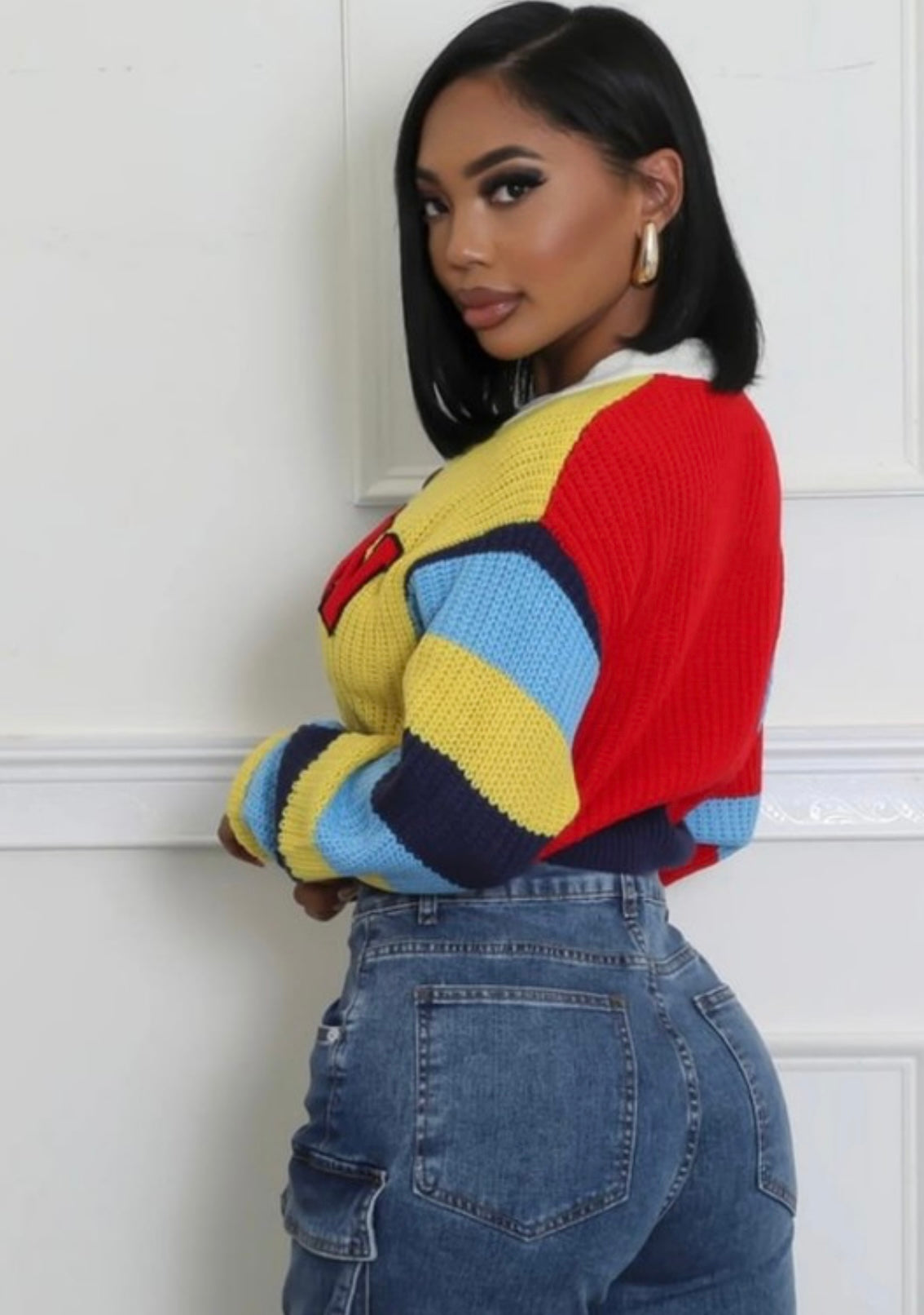 Color Block Crop Sweater Cardigan