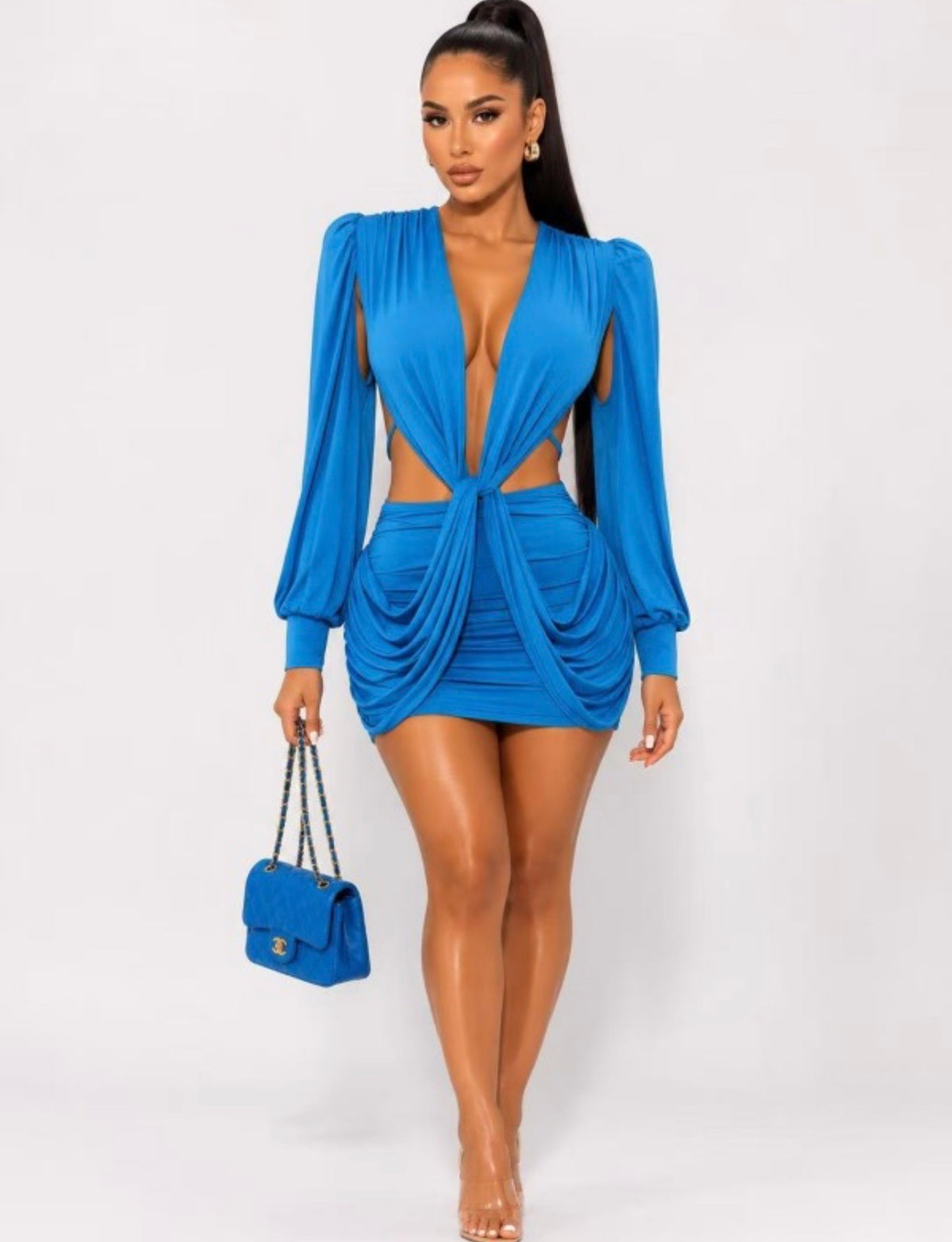 Charm Ruched Side Cutout Party Dress -Blue
